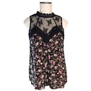 No Boundaries Floral and Lace High Collar Sleeveless Top Size L Black Pi…